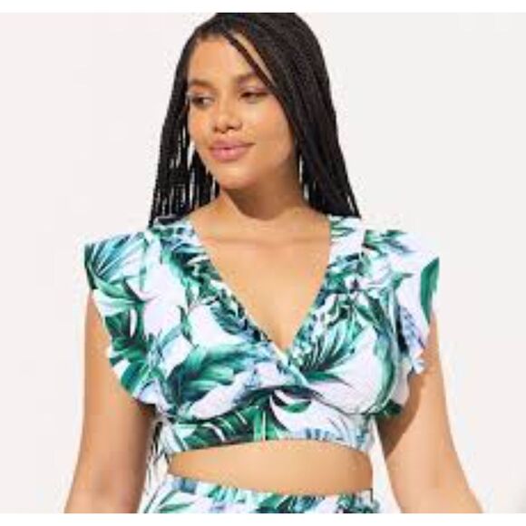 Torrid Wireless Ruffle Sleeve Bikini Top Green Susie Tropical Size 2 18-20 G283 - Picture 2 of 9